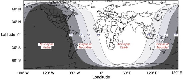 Mapa de visibilidad del eclipse lunar del 28 de octubre 2023. Foto:  Wikipedia